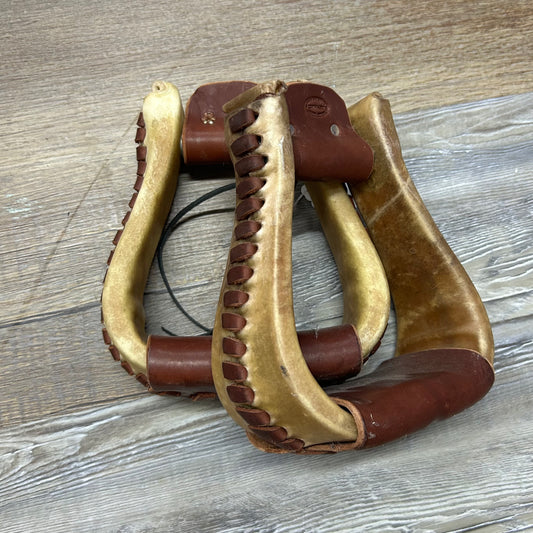 9” Tall Natural Rawhide & Leather Western Stirrups With Bolt Wear Leather