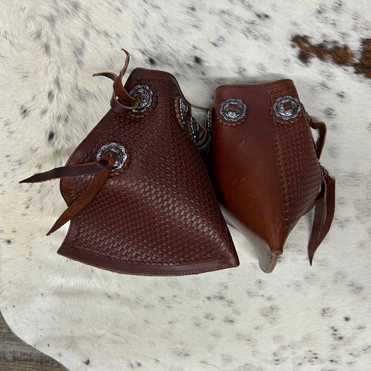 Schwartz Western Brown Basket Weave Tooled Leather Stirrups Amish Crafted Covered Leather With Fringe & Conchos
