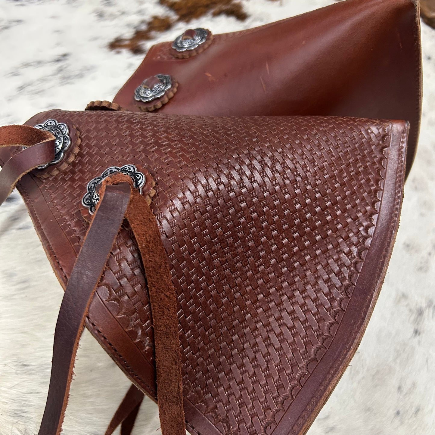 Schwartz Western Brown Basket Weave Tooled Leather Stirrups Amish Crafted Covered Leather With Fringe & Conchos