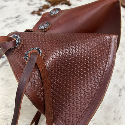 Schwartz Western Brown Basket Weave Tooled Leather Stirrups Amish Crafted Covered Leather With Fringe & Conchos