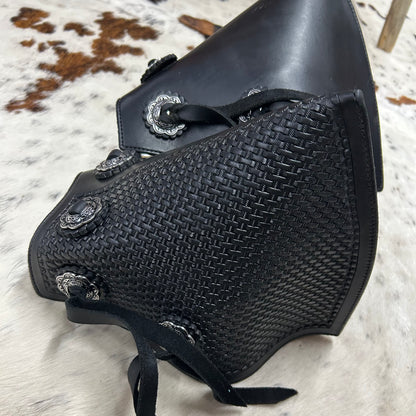 Schwartz Western Black Basket Weave Tooled Leather Stirrups Amish Crafted Covered Leather With Fringe & Conchos