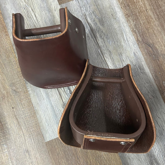 Classic Burgundy Brown Leather Wrapped Western Covered Tapaderos Plastic Stirrups