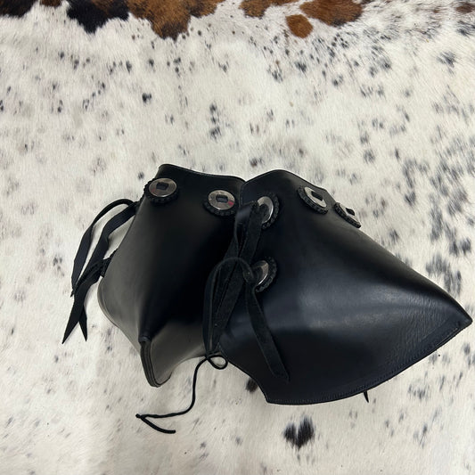 Schwartz Plastic Western Leather Stirrups Amish Crafted Black  Clean Covered Leather With Fringe & Conchos