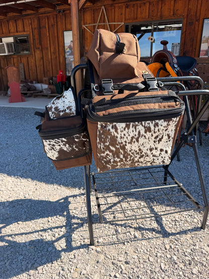 The UNTAMED COWHIDE COLLECTION Amish Made Chocolate Brown Saddle Horn Bags w/ Drink Holder