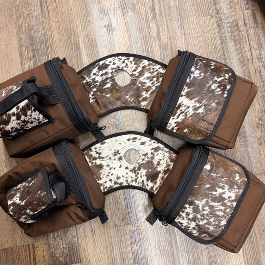 The UNTAMED COWHIDE COLLECTION Amish Made Chocolate Brown Saddle Horn Bags w/ Drink Holder