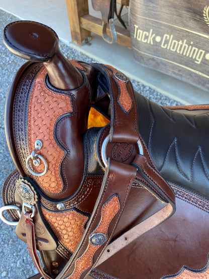NEW Frontier Basket Weave Western Miller OLD TIMER 18” Handcrafted Custom w/ Cheyenne Roll, Classic Stitched Seat Horseshoe Brand Conchos,  w/ Matching Basketweave Overlay, Stitched Seat Aussie Pulling Collar & Detail Bridle