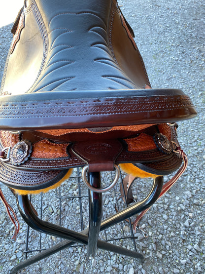 NEW Frontier Basket Weave Western Miller OLD TIMER 18” Handcrafted Custom w/ Cheyenne Roll, Classic Stitched Seat Horseshoe Brand Conchos,  w/ Matching Basketweave Overlay, Stitched Seat Aussie Pulling Collar & Detail Bridle
