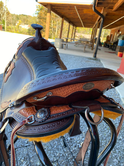 NEW Frontier Basket Weave Western Miller OLD TIMER 18” Handcrafted Custom w/ Cheyenne Roll, Classic Stitched Seat Horseshoe Brand Conchos,  w/ Matching Basketweave Overlay, Stitched Seat Aussie Pulling Collar & Detail Bridle