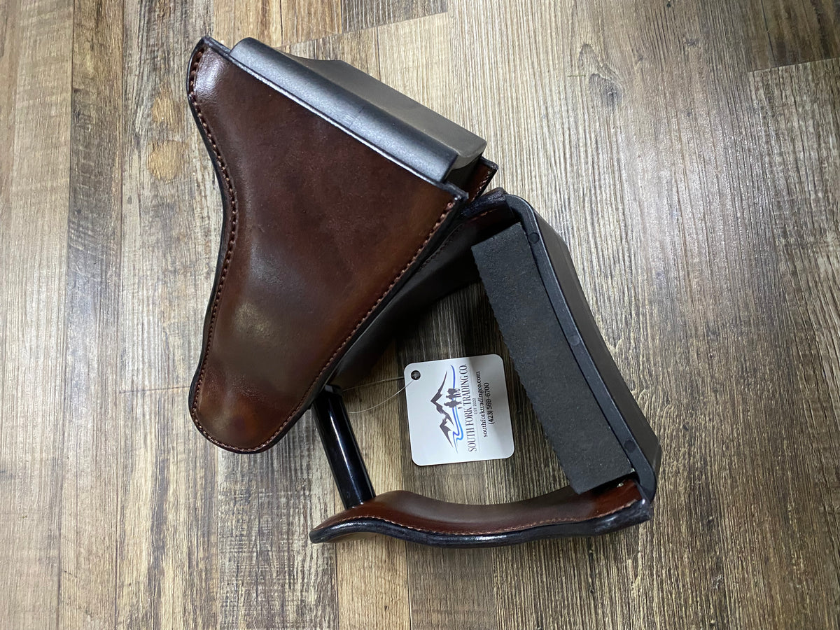 Amish Made Brown Leather Endurance Western Wide DELUXE Trail Stirrups Various Widths at Neck Attachment