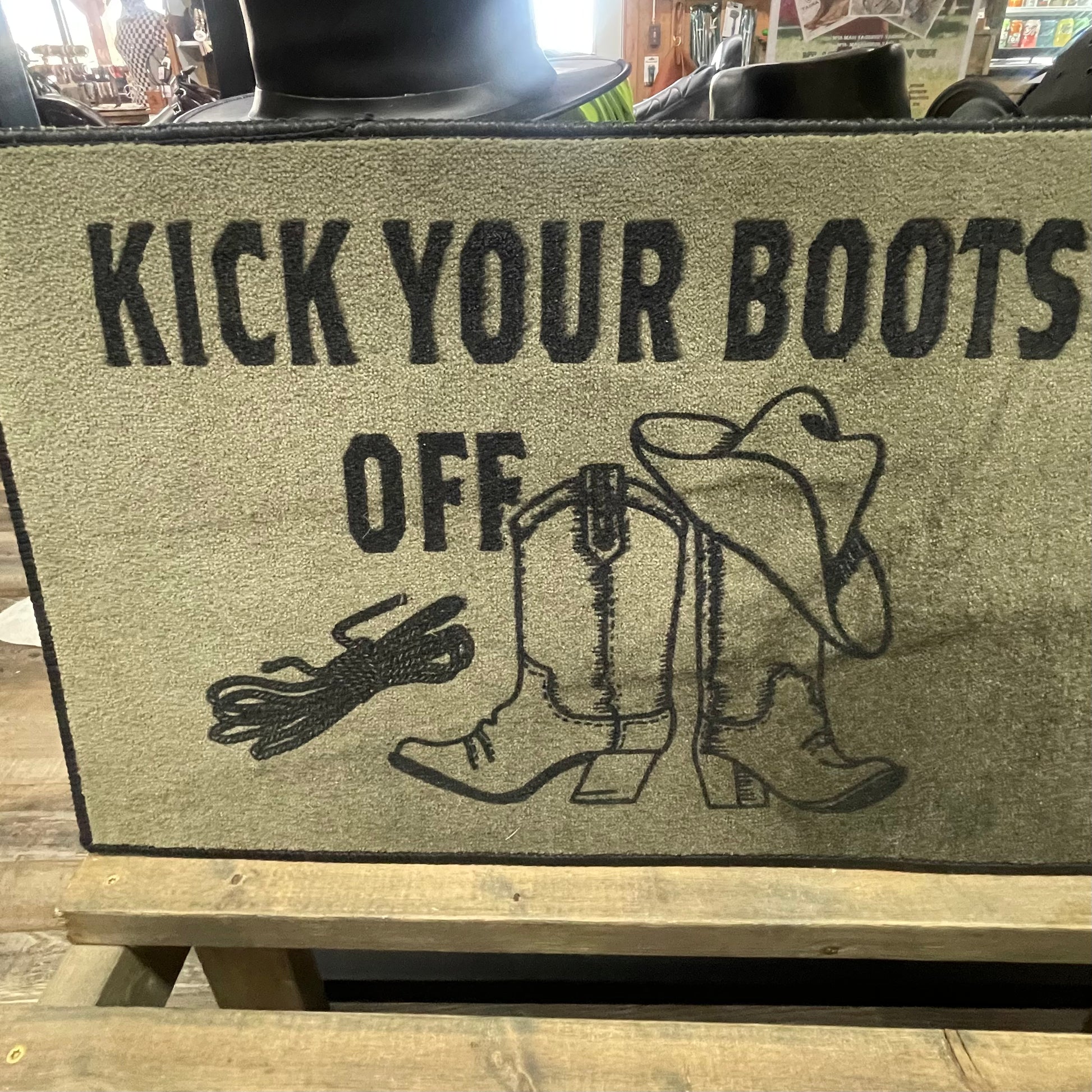 KICK YOUR BOOTS OFF Door Mat Rug 27” Long x 18” Wide Amish Crafted 