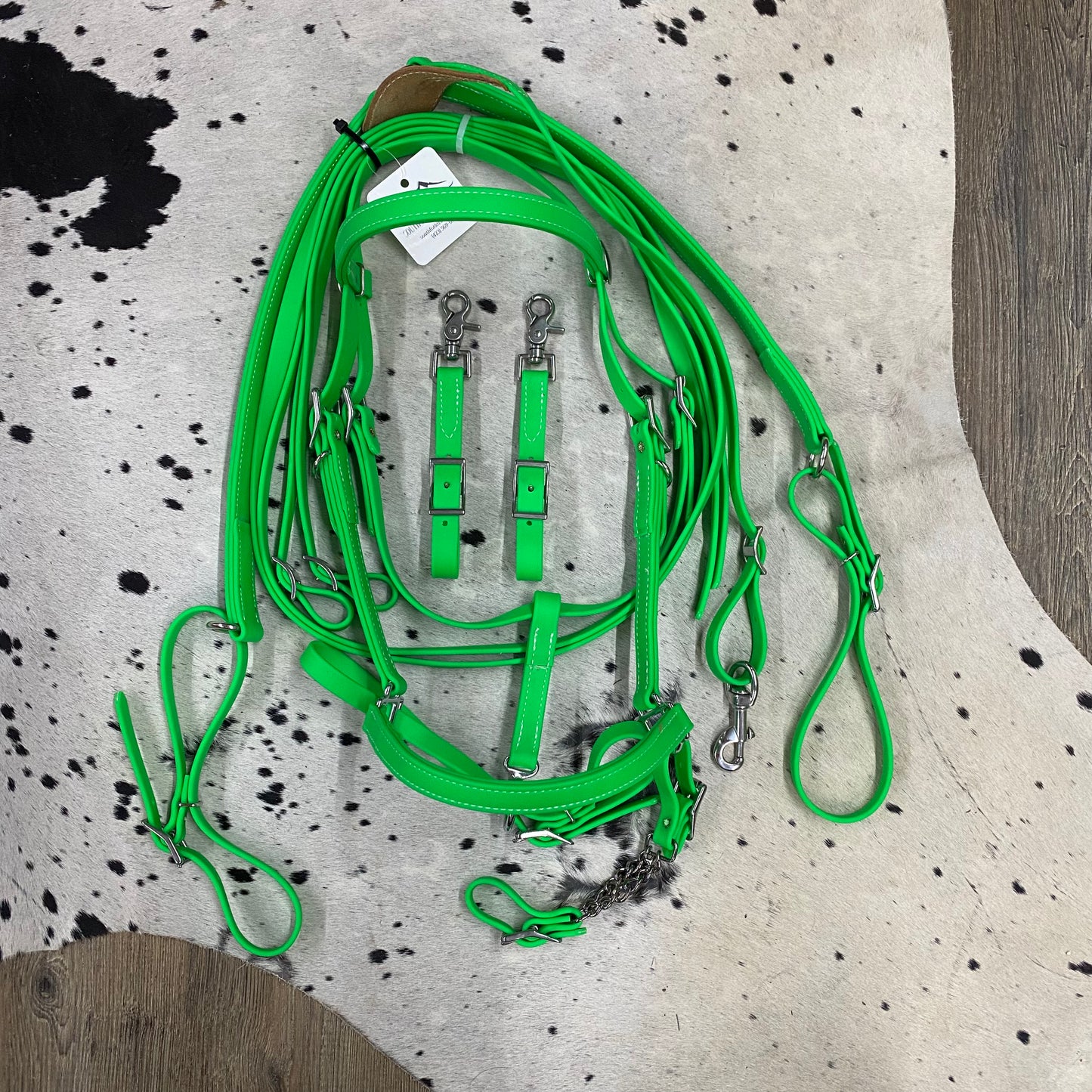 LIME GREEN Beta HALTER Bridle w/ Nose Band, Reins, Curb Chain & Matching 3 Point Breast Collar Amish Crafted