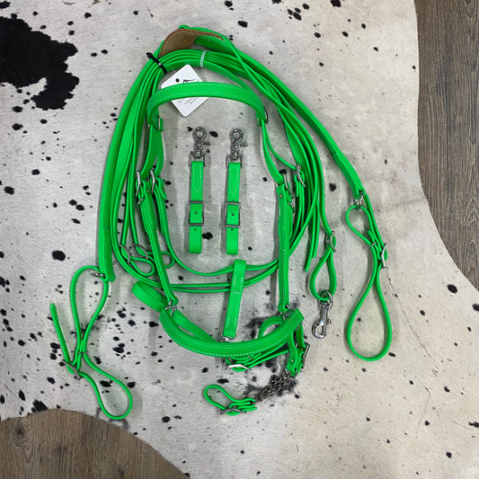 LIME GREEN Beta HALTER Bridle w/ Nose Band, Reins, Curb Chain & Matching 3 Point Breast Collar Amish Crafted