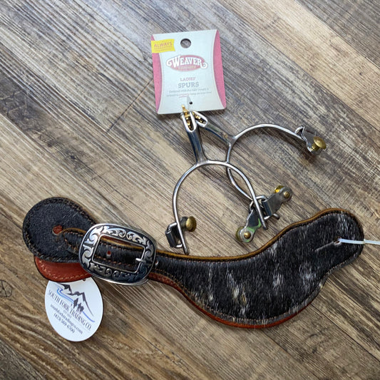 Ladies Set Amish Made Cowhide Spur Straps & Weaver Women’s 2" Stainless Steel Shank Rowel Spurs