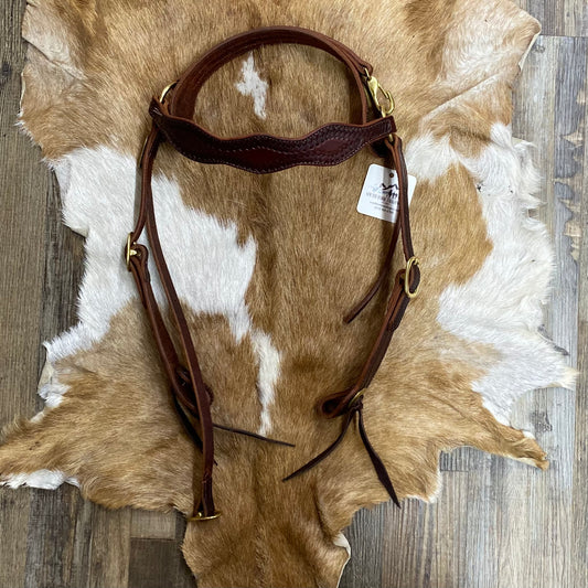 Leather Tooled Braid Designs Mule Headstall - Dark Brown & Brass Hardware