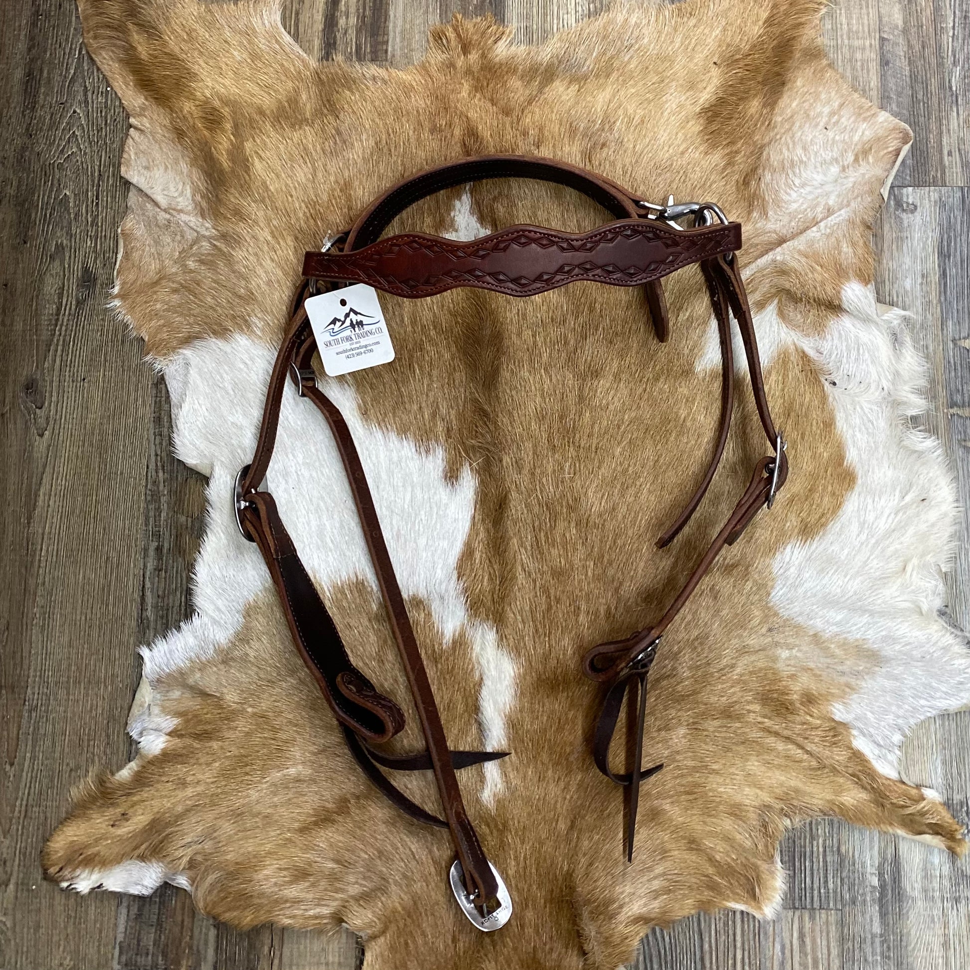 Leather Tooled Diamond Designs Mule Headstall - Dark Brown 