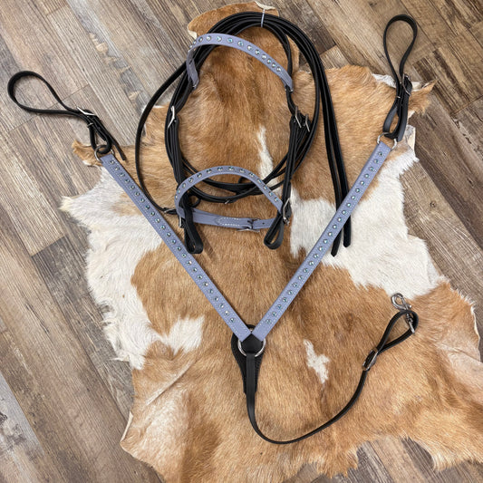 Lilic Gray & Black Bedazzled Biothane w/ Iridescent Blue Diamonds Bridle Set w/ Matching Strait Breast Collar & Reins