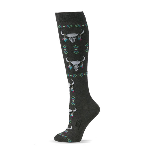 M&F Ladies Western Skull Pattern Over The Calf Sock Grey