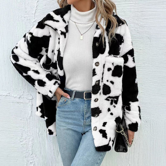 Moody Gurl Cow Print Collared Neck Button Up Fuzzy Jacket