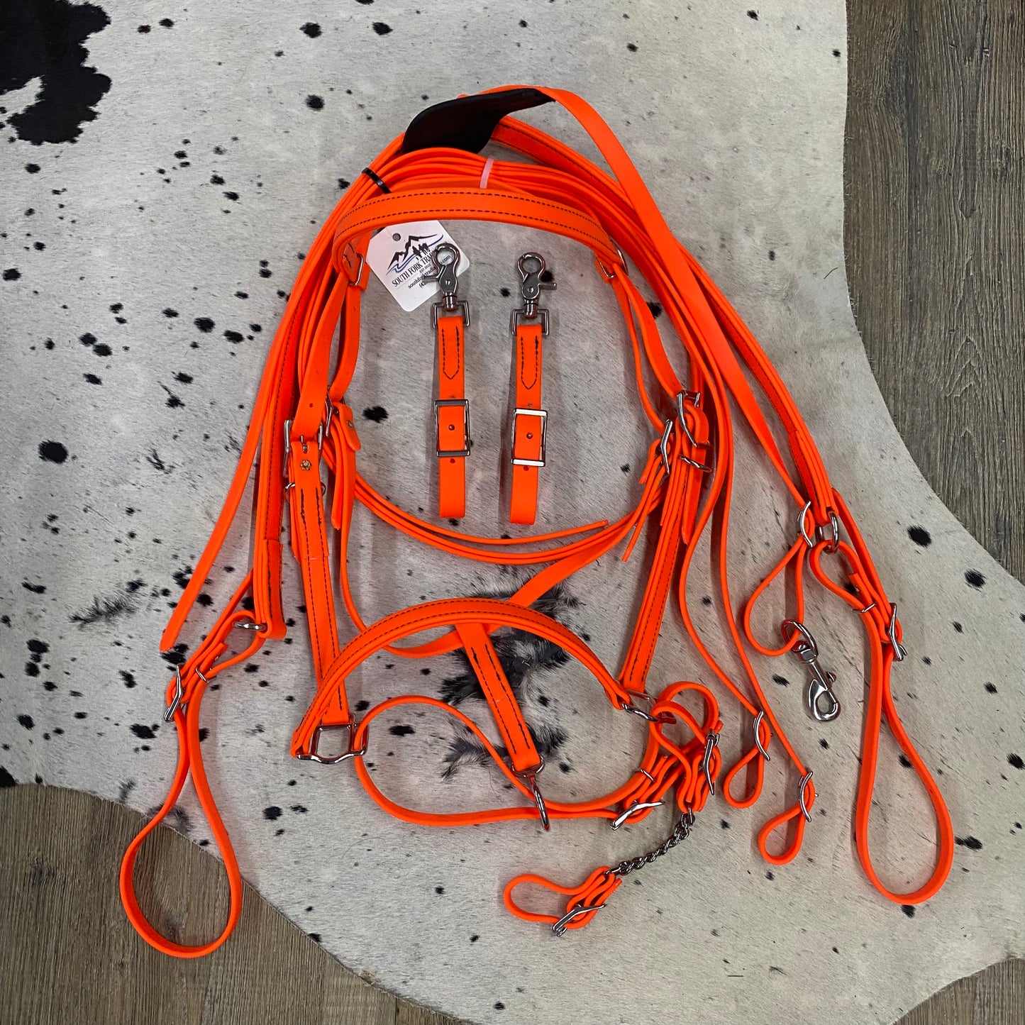 NEON ORANGE Beta HALTER Bridle w/ Nose Band, Reins, Curb Chain & Matching 3 Point Breast Collar Amish Crafted