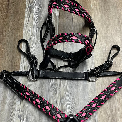 NEON PINK Sparkly Inlay & Black Leather Bridle w/ Nose Band, & Matching 3 Point Breast Collar Amish Crafted