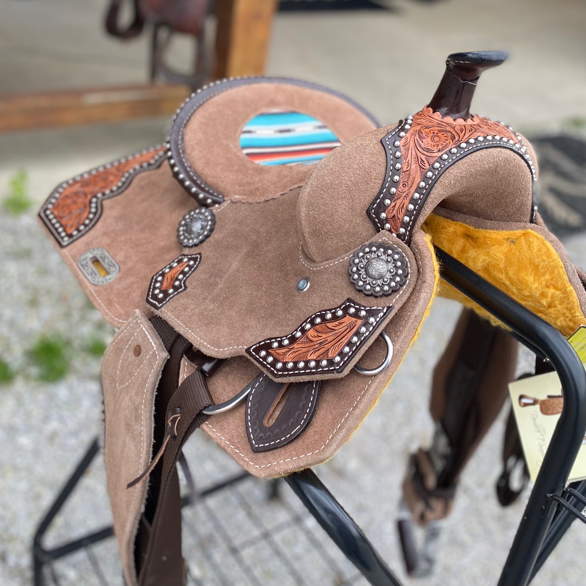 NEW DOUBLE T YOUTH 12” Rough Out Barrel Style Saddle w/ Western Southwest Serape Printed Inlay