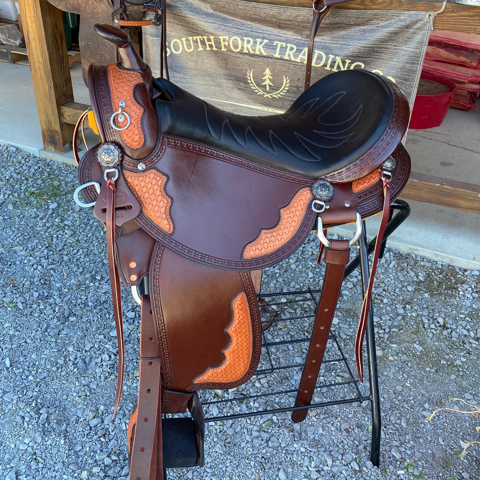 NEW Frontier Basket Weave Western Miller OLD TIMER 18” Handcrafted Custom w/ Cheyenne Roll, Classic Stitched Seat Horseshoe Brand Conchos,  w/ Matching Basketweave Overlay, Stitched Seat Aussie Pulling Collar & Detailed