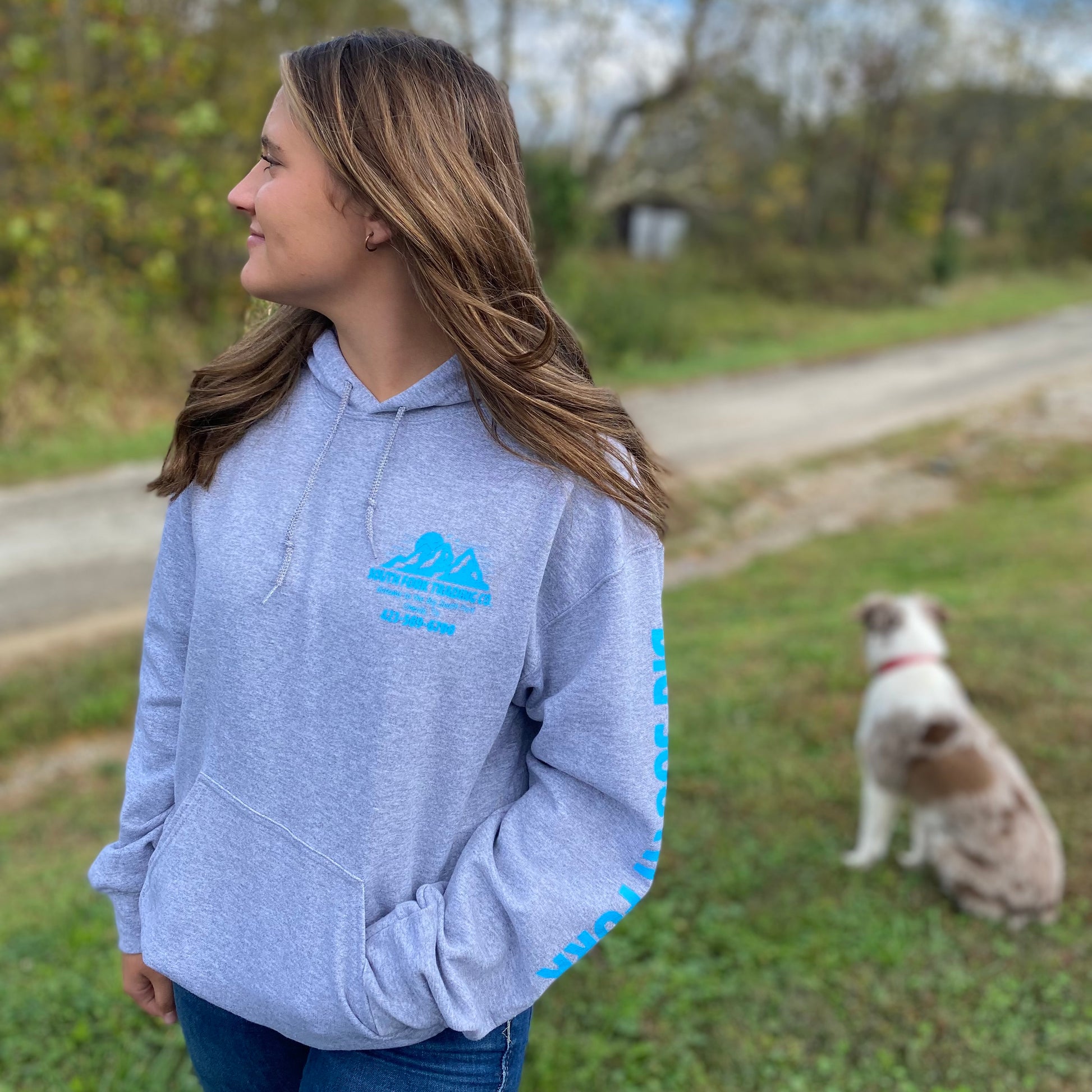 NEW Light Gray & Sky Blue South Fork Trading Co - Adult Unisex Hoodie w/ Detailed Sleeve