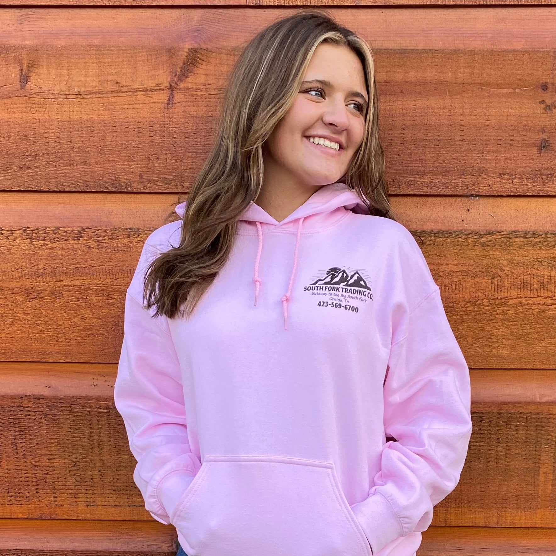 New Powder Pink & Brown Hoodie South Fork Trading Co - Adult Unisex Hoodie w/ Detailed Sleeve