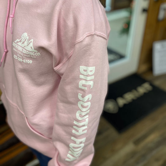 New Powder Pink & White Print Hoodie South Fork Trading Co - Adult Unisex Hoodie w/ Detailed Sleeve
