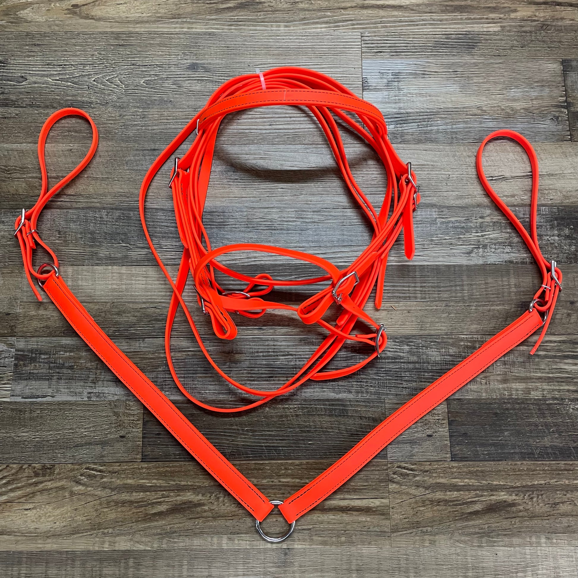 Orange Beta Bridle w/ Nose Band, Reins & Matching 2 Point Breast Collar Amish Crafted