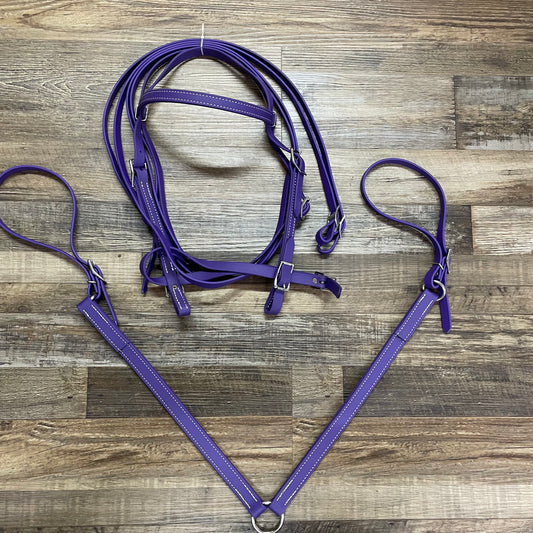 PURPLE Beta Bridle w/ Nose Band, Reins & Matching 2 Point Breast Collar Amish Crafted