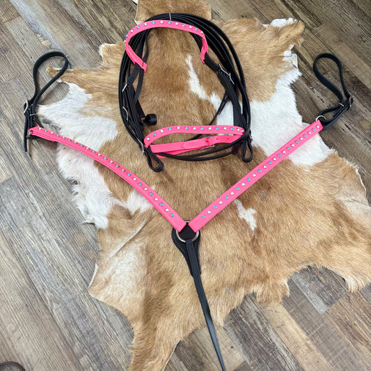 Pink & Black Biothane Turquoise & White Stud Bridle w/ Matching Breast Collar & Reins