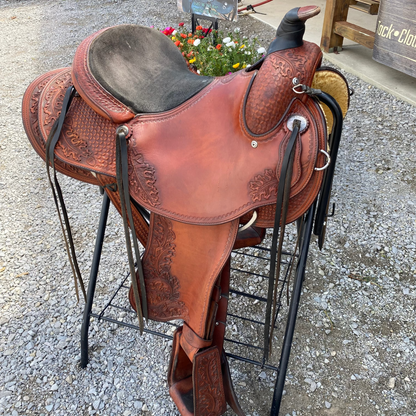 Pre-loved “About The Horse, Inc” 15” Western Saddle w/ Synthetic seat & Comes w/ Back Cinch, Bridle, & Saddle Pad