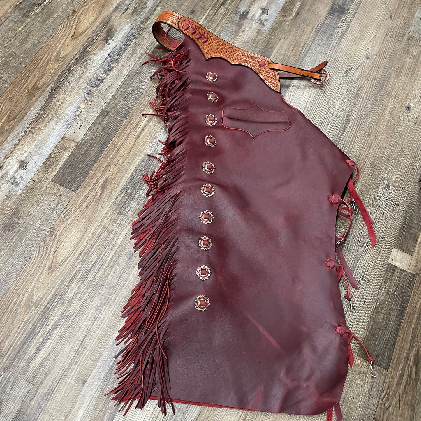 RED Amish Custom Leather Tooled Basketweave Fire Red Chaps w/ Fringe & Interior Pocket