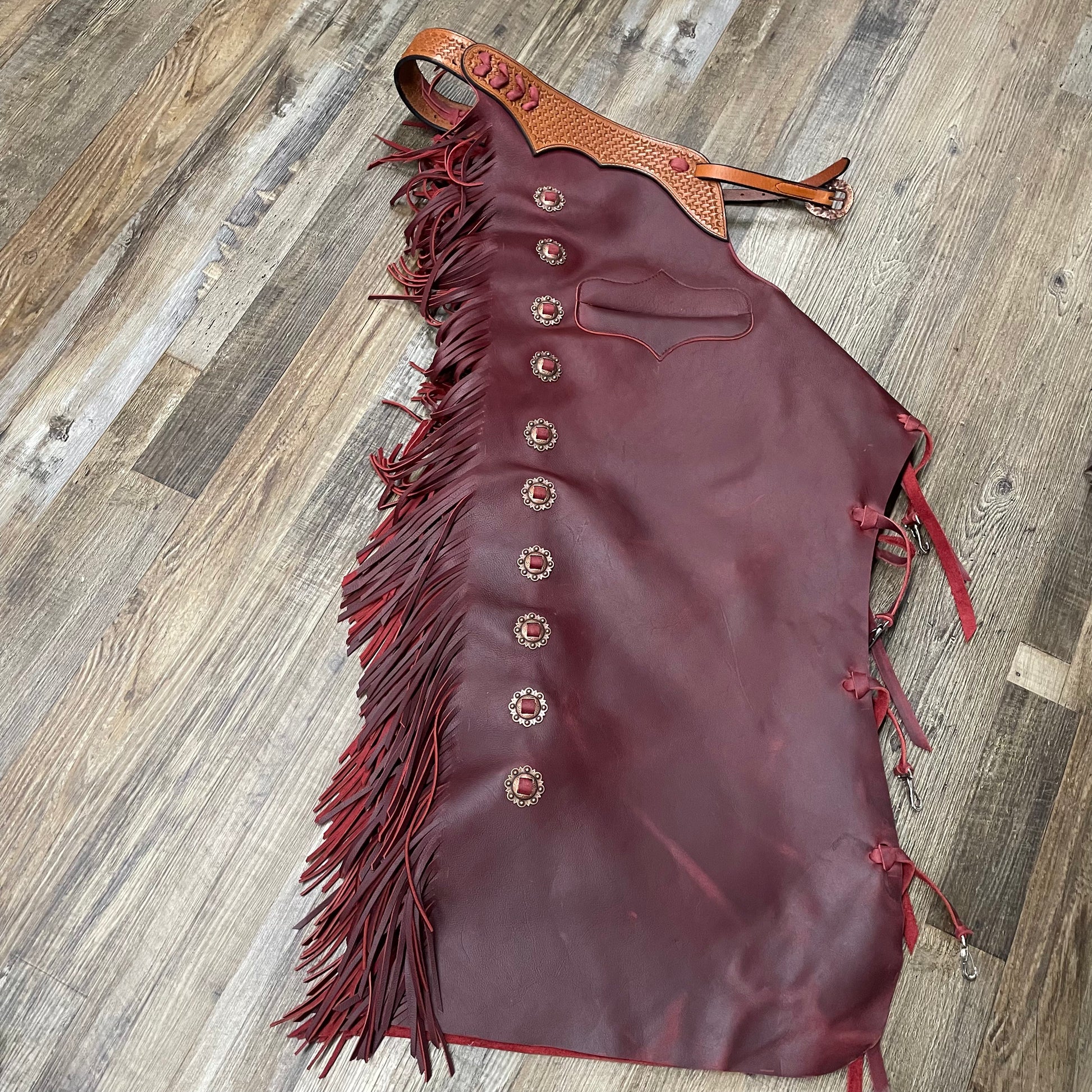 RED Amish Custom Leather Tooled Basketweave Fire Red Chaps w/ Fringe & Interior Pocket