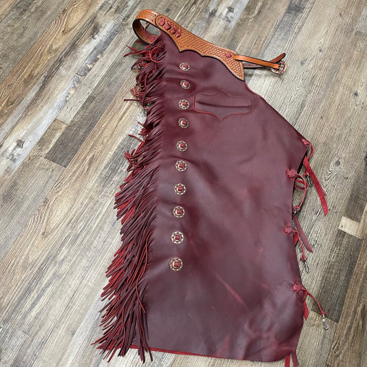 RED Amish Custom Leather Tooled Basketweave Fire Red Chaps w/ Fringe & Interior Pocket