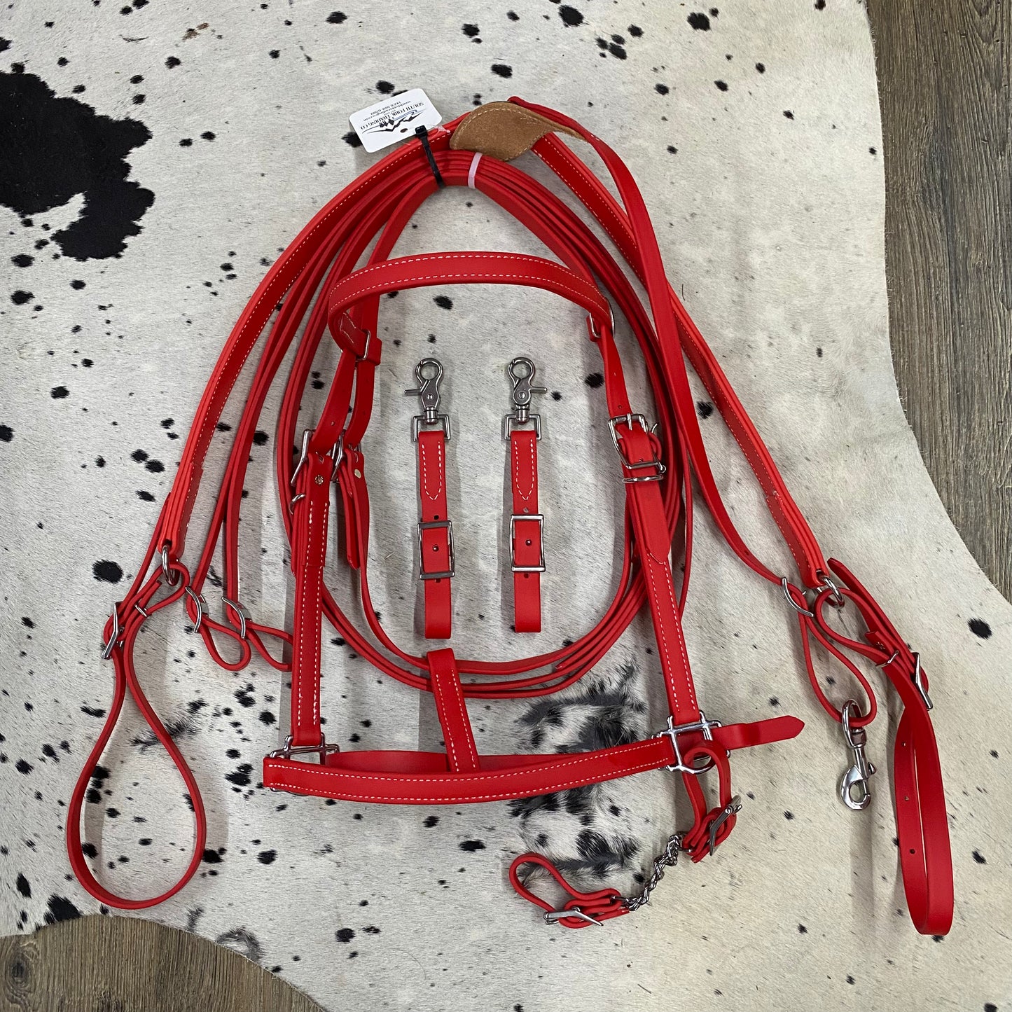 RED Beta HALTER Bridle w/ Nose Band, Reins, Curb Chain & Matching 3 Point Breast Collar Amish Crafted