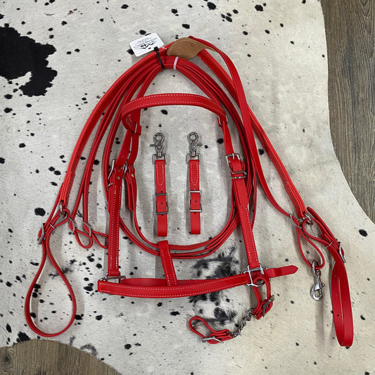 RED Beta HALTER Bridle w/ Nose Band, Reins, Curb Chain & Matching 3 Point Breast Collar Amish Crafted