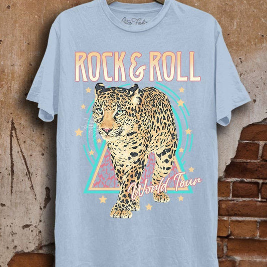Rock Roll World Tour Graphic Top Blue Mineral Wash 