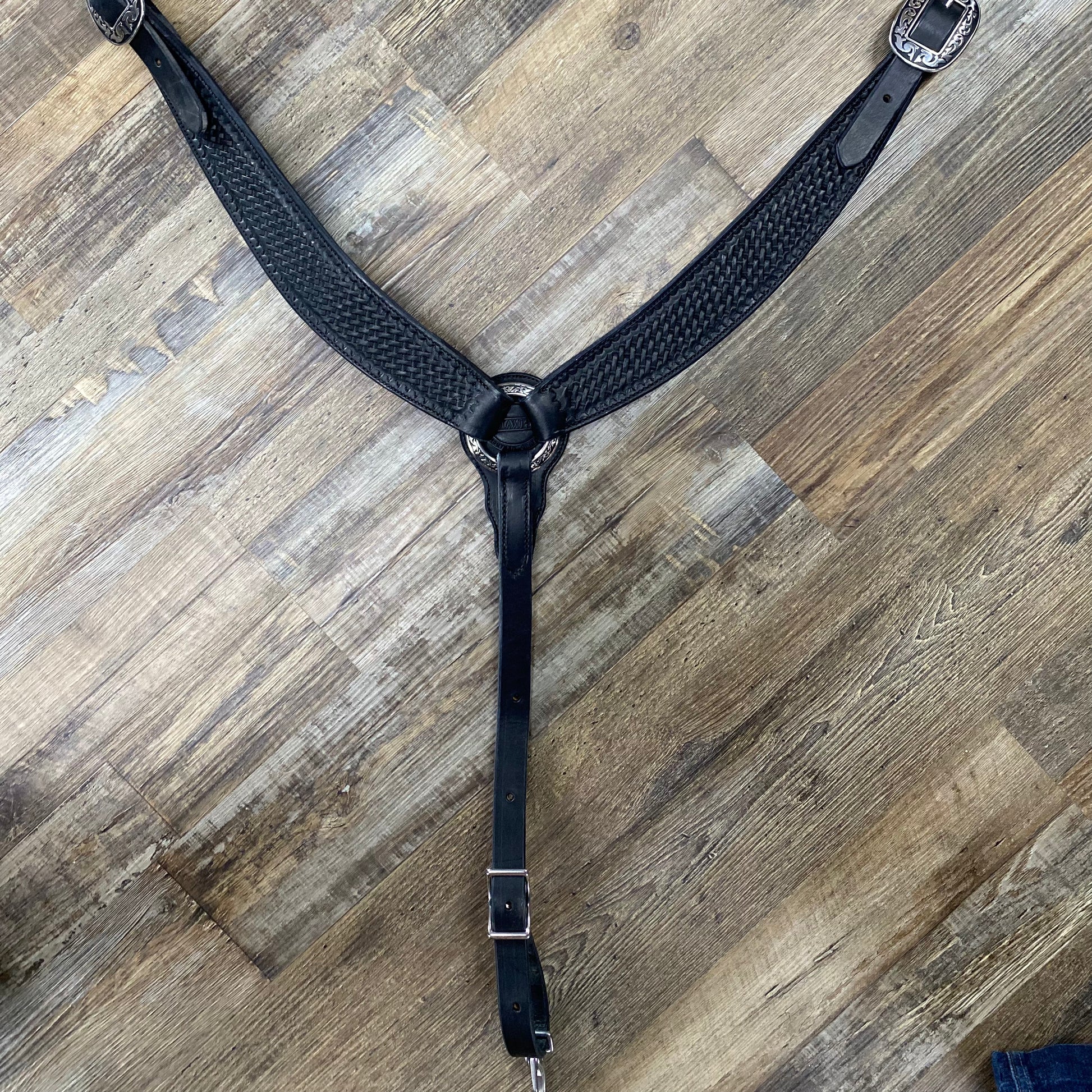 Schwartz Leather Western Straight Breast Collar Basketweave Tooled  - Black w/ PREMIUM Black inlay Silver Hardware