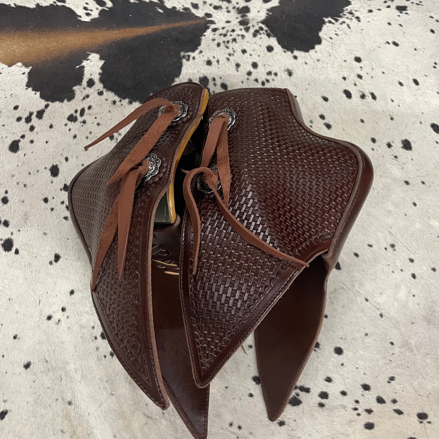 Schwartz Long Tapaderos Leather Amish Made Brown Basketweave Leather Western Stirrups w/ Conchos Fringed