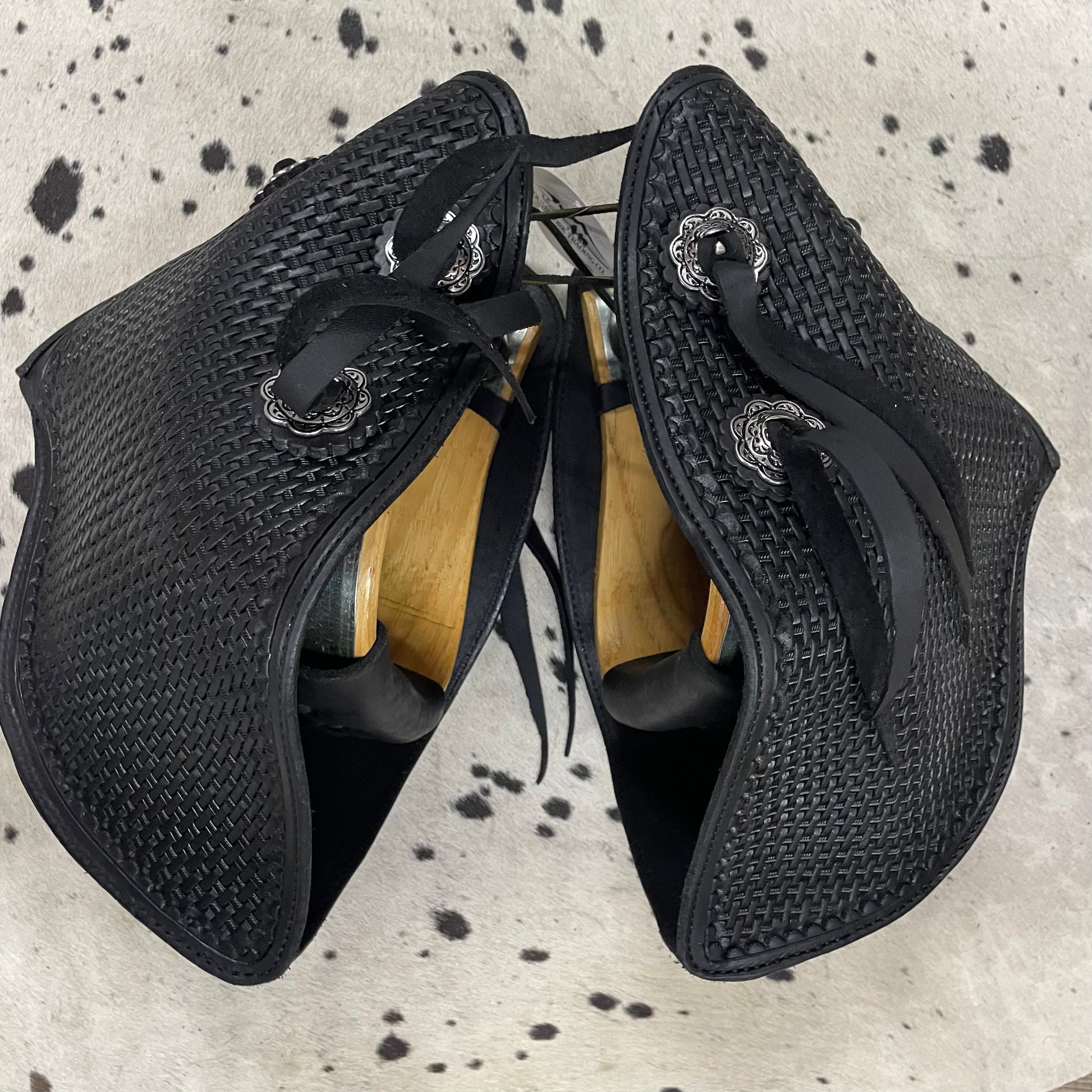 Schwartz Western Black Basket Weave Tooled Leather Extra Wide Stirrups Amish w/ Conchos Crafted