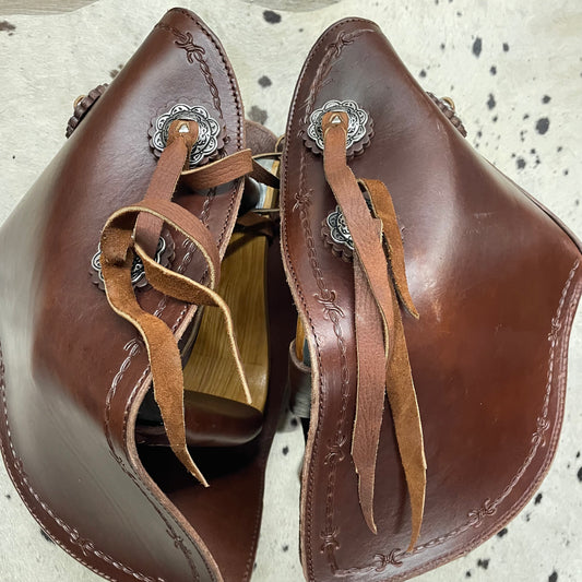 Schwartz Western Brown Barbed Wire Trimmed Tooled Leather Stirrups Amish Crafted Covered Leather With Fringe & Conchos