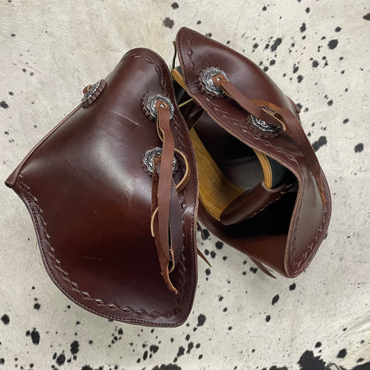 Schwartz Western Brown Diamond Trimmed Tooled Leather Stirrups Amish Crafted Covered Leather With Fringe & Conchos