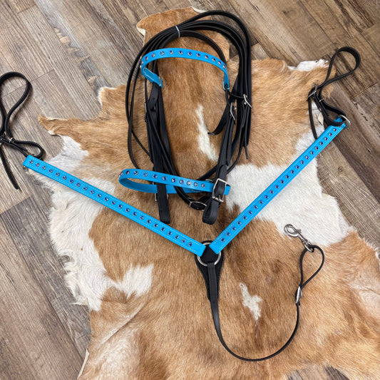 Teal & Black Bedazzled Biothane w/ Iridescent Blue Diamonds Bridle Set w/ Matching Strait Breast Collar & Reins