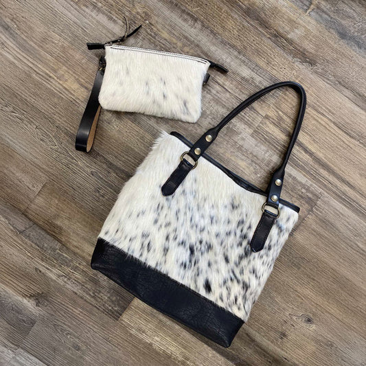 The Cowhide Rodeo Amish White Hair On Hide Leather Hand Bag & Wallet Set