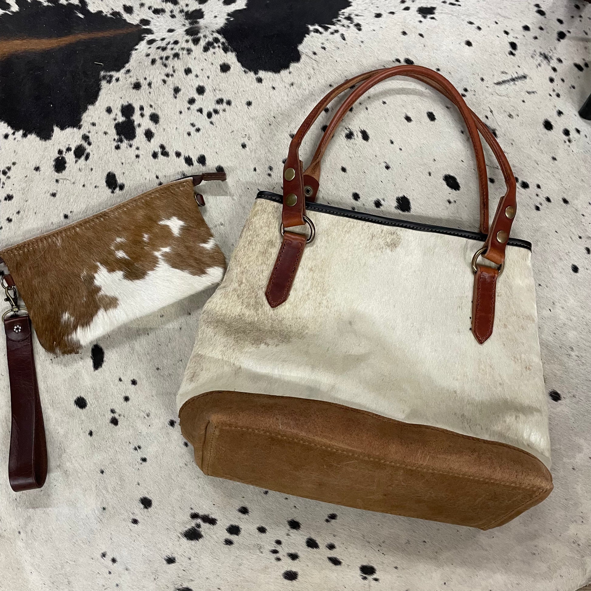 The Cowhide Queen Amish White Hair On Hide Leather Hand Bag & Wallet Set