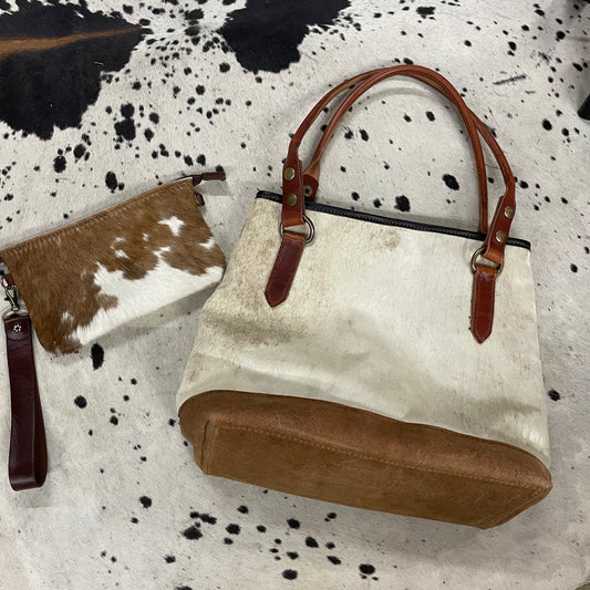 The Cowhide Queen Amish White Hair On Hide Leather Hand Bag & Wallet Set