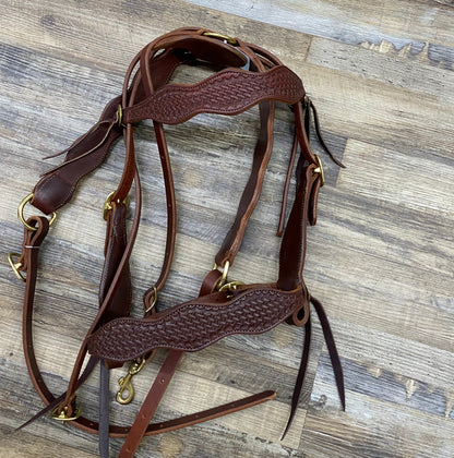 Tooled Basketweave Schwartz Scalloped Dark Brown Headstall & Matching Breast Collar Leather & Brass Hardware