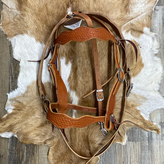 Tooled Basketweave Schwartz Scalloped Light Brown Headstall & Matching Breast Collar Leather & Stainless Steep Hardware